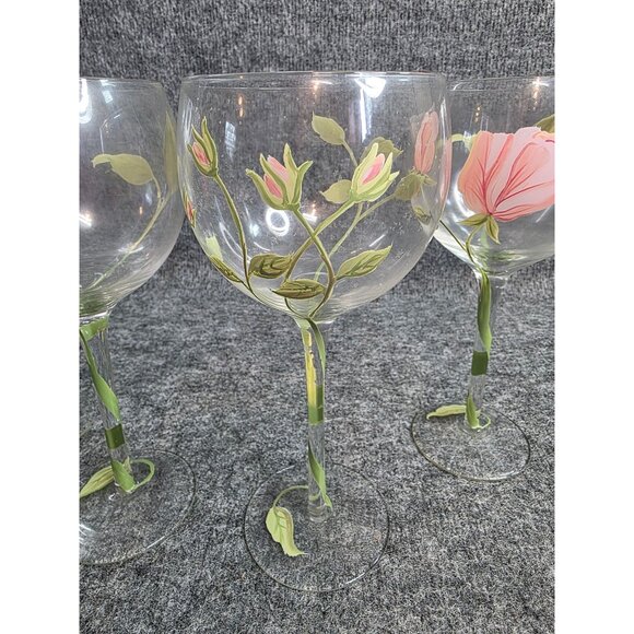 Set of 4 Hand-Painted Floral Wine Glasses Pink Flower Elegant Stemware 8.25" - Picture 6 of 7